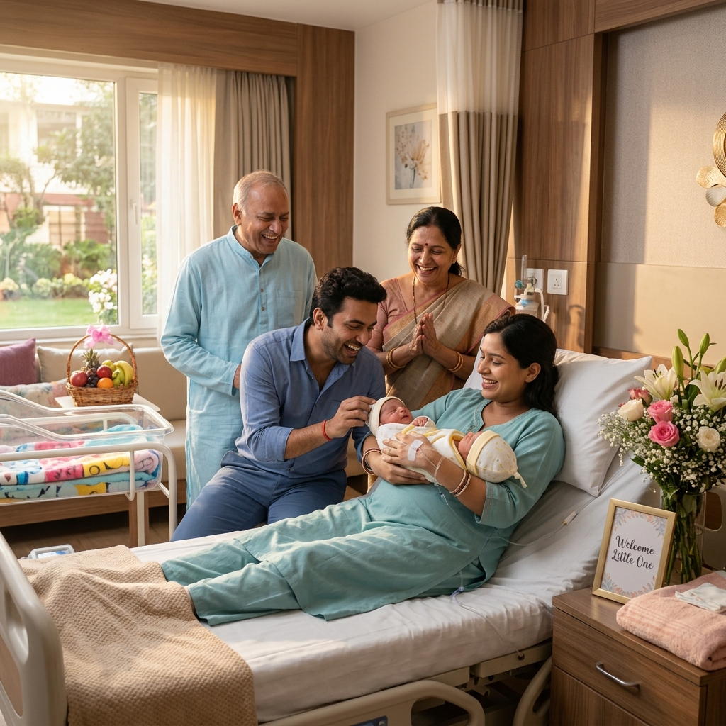 Happy Indian family celebrating newborn