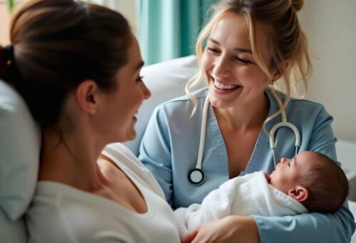 happy-mother-newborn-with-nurse